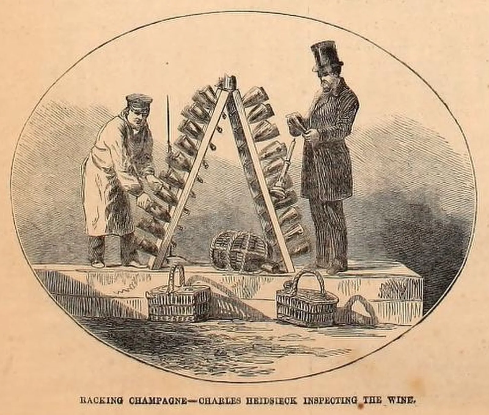 Charles Heidsieck sprawdza remuage butelek, rycina z ok. 1860 roku