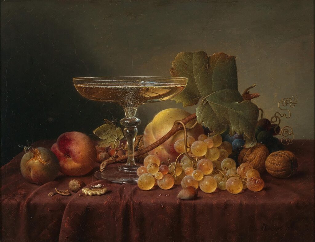 Still life by Johann Wilhelm Preyer: a bowl of sparkling wine, grapes and peaches on a damask tablecloth